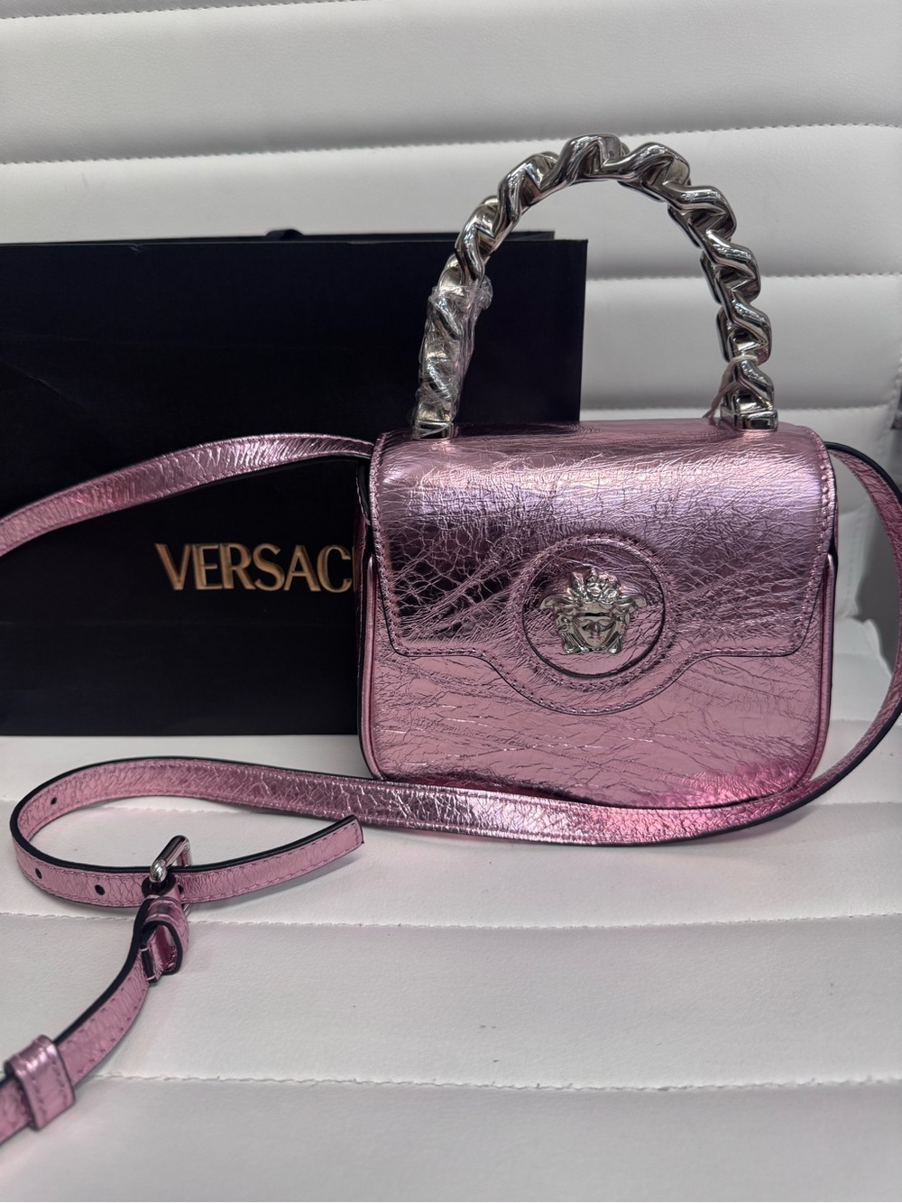Versace Metallic Crackled Lambskin Mini La Medusa Bag chain link handle